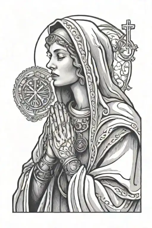 Detailed black and white Saint Mary praying with a rosary in her hands and the word mom tattoo design idea