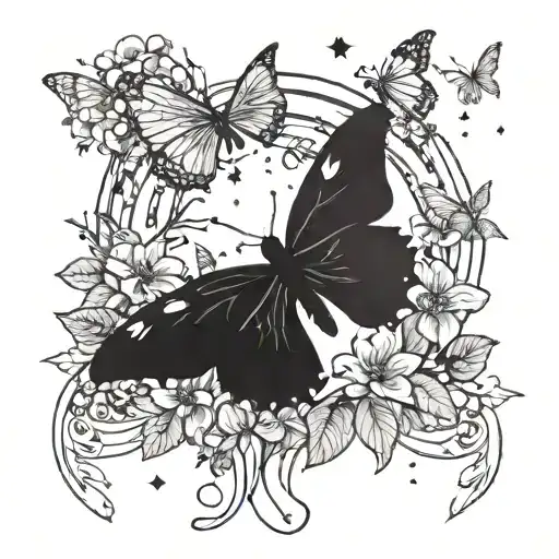 A captivating design of a mystical forest where butterflies and flowers are illuminated by the glow of the moon and stars tattoo design idea