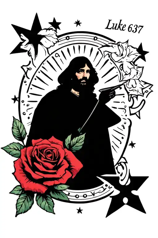 Luke 6:37 with stars in the background and roses  tattoo design idea