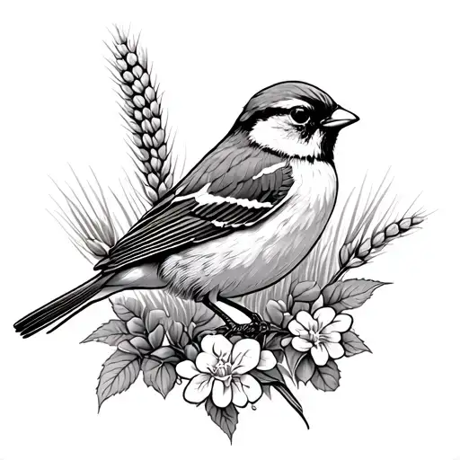 sparrow with floral frame of lilacs and wheat field in background tattoo design idea