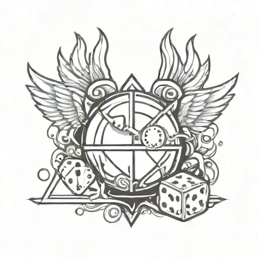 Aces card, dice, Basketball ball, Angels half demon and put all inside a fire rabbit tattoo design idea