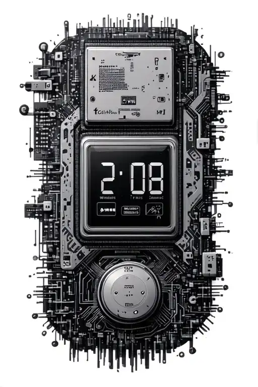 Highly detailed Small digital time display 3D rounded body around many electric circuits and processor tattoo design idea