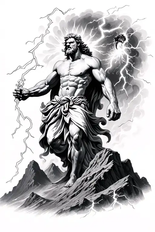 angry Zeus holding a lightning and throwing it down a mountain realistic tatto style tattoo design idea