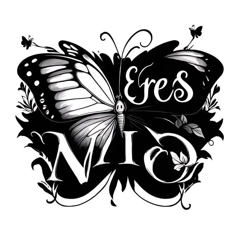 Create a tattoo with the word"Eres Mio" and add a "Butterfly" in it and hide the letter "N" in it tattoo design idea