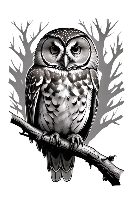 barred owl perched on a branch overlooking a bicycle  tattoo design idea