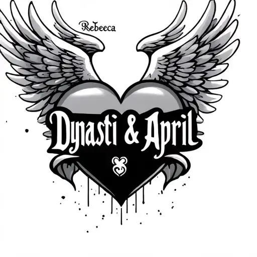 "Tom Rebecca" "Dynasti & April" "Dynasti & April" names inside a heart with wings flying tattoo design idea
