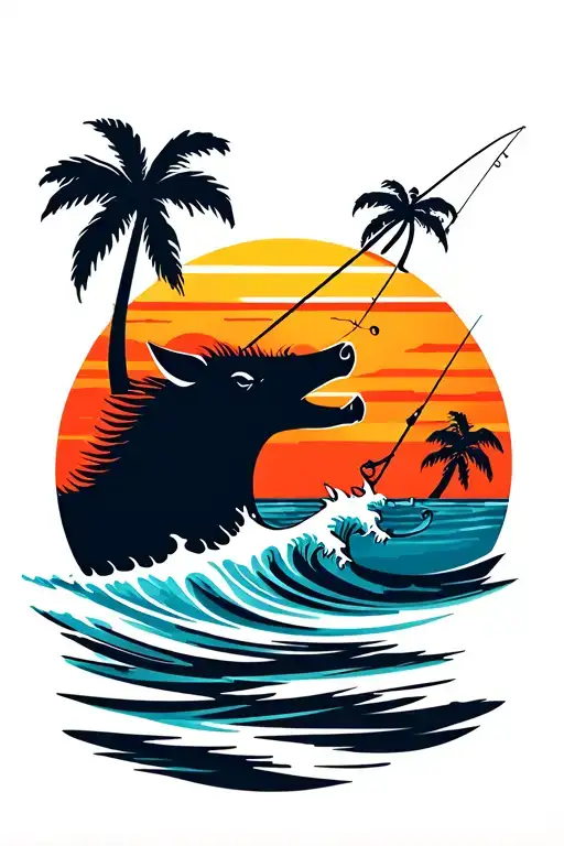 ocean waves 1 surf boar 1 fishing pole 2 palm trees sunset in background tattoo design idea