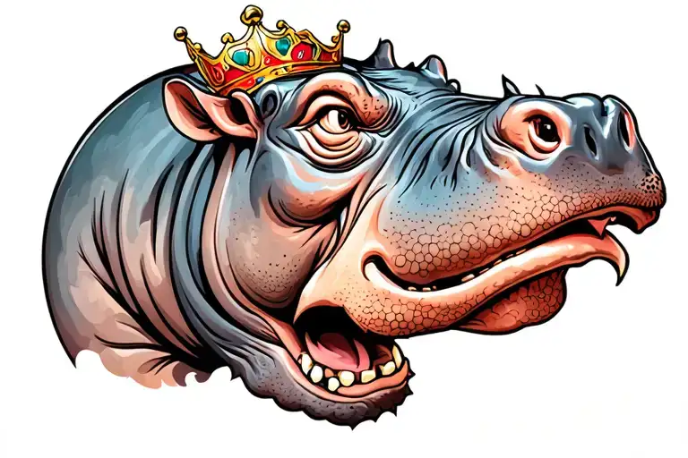hippopotamus head wearing a tilted crown tattoo design idea