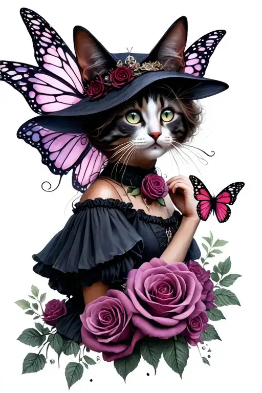 gothic Alice in wonderland as a fairy witch plus cat's eyes roses and butterflies  tattoo design idea