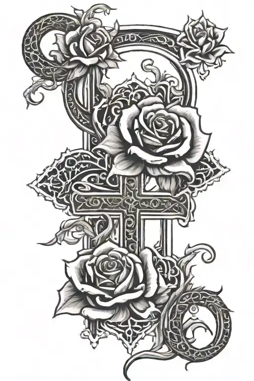 Cross around snakes and roses  tattoo design idea