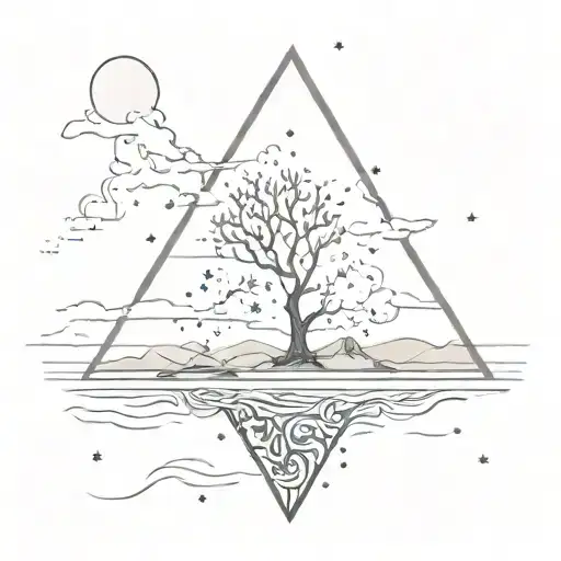 A detailed, triangle illustration of a neuron morphing into a seaside landscape, with a sky full of stars. tattoo design idea