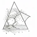 A detailed, triangle illustration of a neuron morphing into a seaside landscape, with a sky full of stars. tattoo design idea