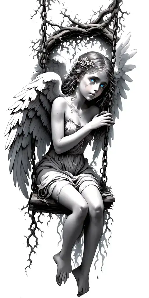 An angel girl with long white wings, on a swing made of vines. Tears roll down from her blue eyes. tattoo design idea