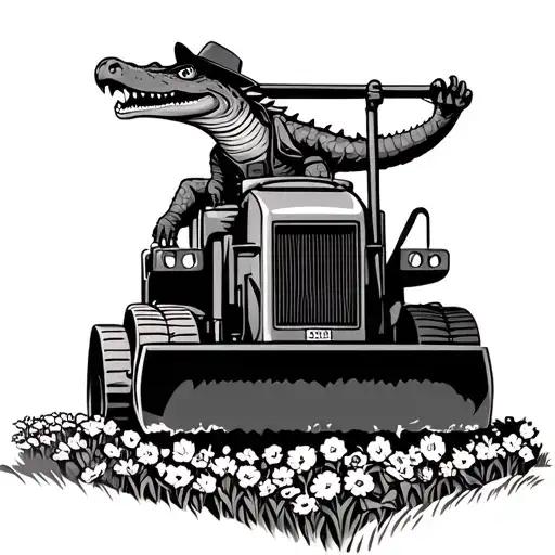 An alligator riding a bulldozer through a field of flowers wearing cowboy clothes. tattoo design idea