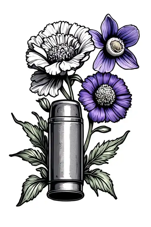 A shotgun shell holdind 4 flowers. One carnation, one marigold, one voilet and one narcissus. not alot of shading tattoo design idea