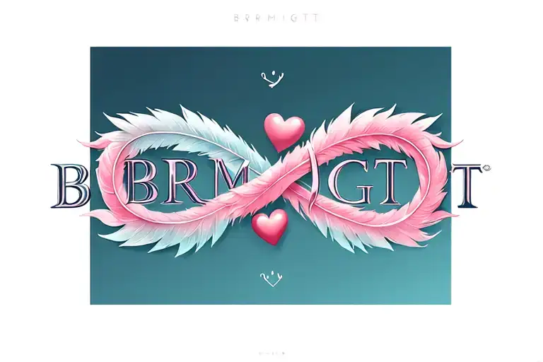 "BRMJGT" "BRMJGT" "BRMJGT" "BRMJGT" "BRMJGT" "BRMJGT"  letters incorporated in forming infinity symbol surrounded by hearts feathered background  tattoo design idea