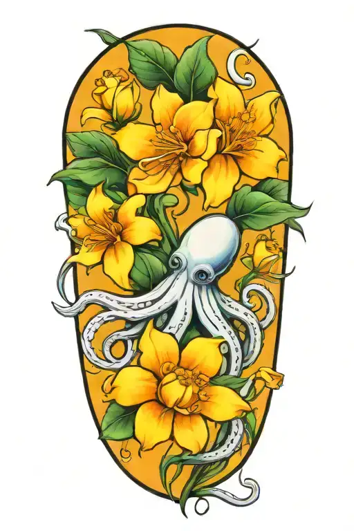 snowdrop, rose, marigold, octopus tentacles wrapping tattoo design idea