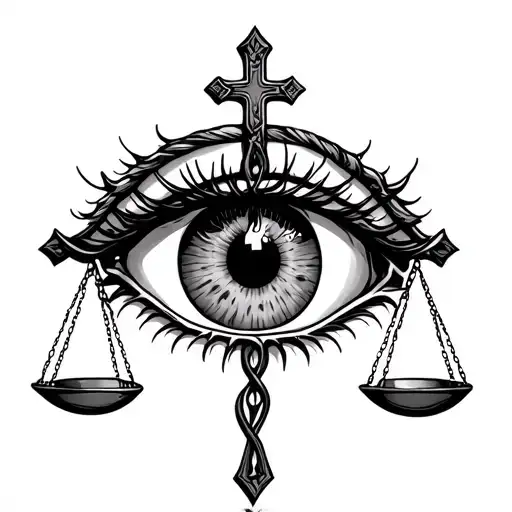 eye with cross and scales of justice intertwined tattoo design idea