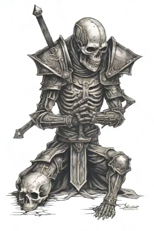 skull templar knight kneeling holding rear shock tattoo design idea