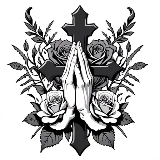 cross, praying hands, roses, scorpion tattoo design idea