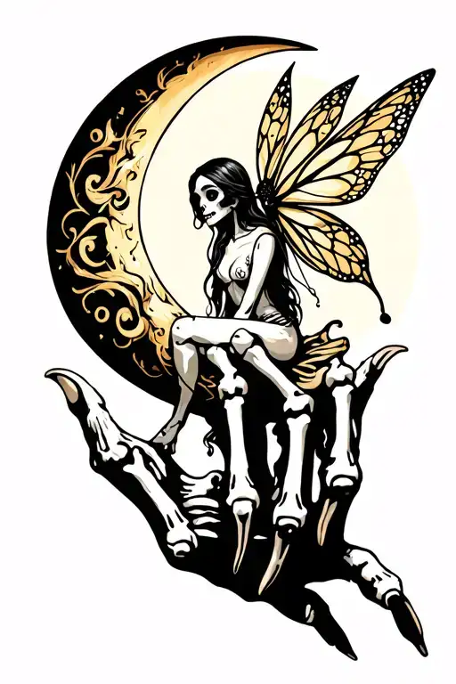skeleton hand holding a crescent moon with a fairy sitting  tattoo design idea