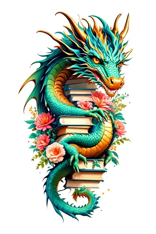 dragon with books surrounded by florals tattoo design idea