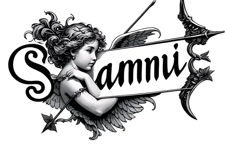 "Sammi" cupid shooting arrow intertwined tattoo design idea