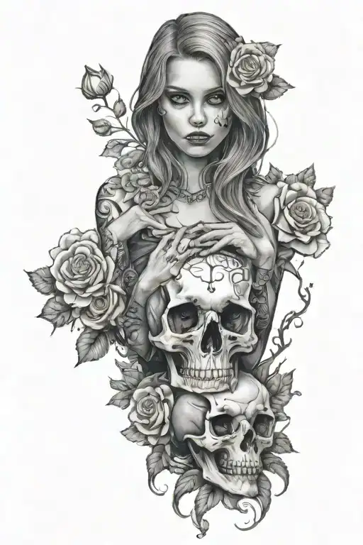 tattoo girl holding skull and sitting on corpse's tattoo design idea