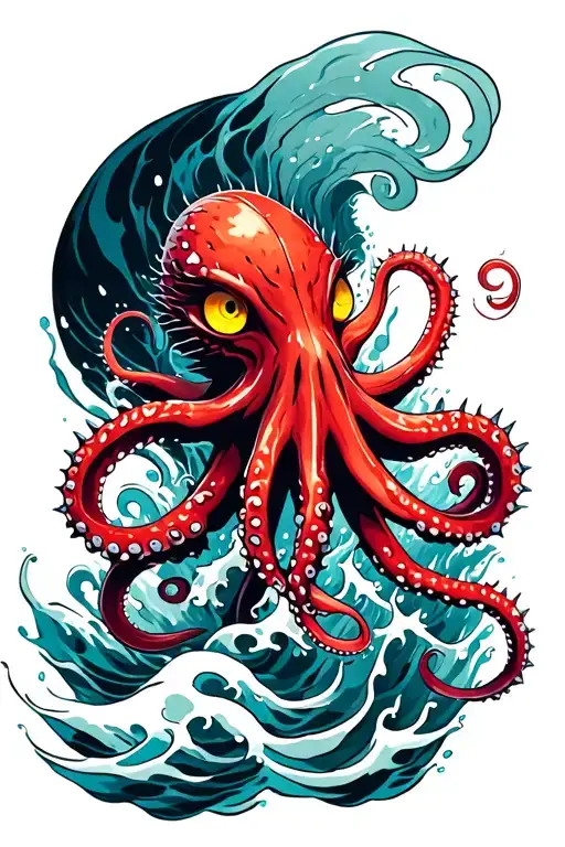 evil red octupus with yellow eyes halfway under the water, spikes on octopus skin, water waves as filler patern tattoo design idea