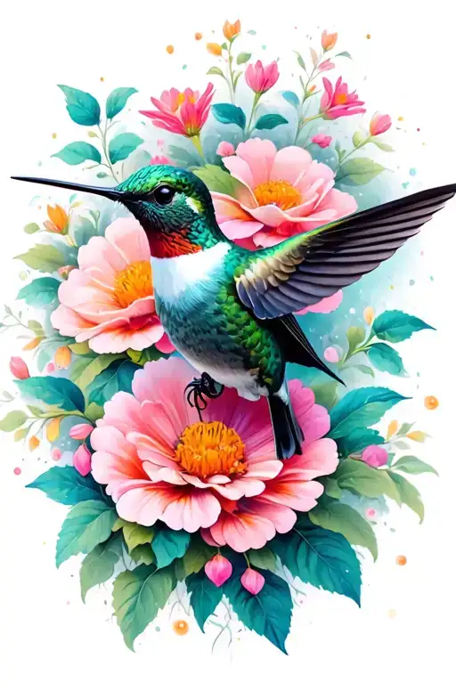 realism hummingbird drinking from a flower blooming tattoo design idea
