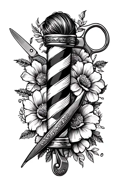 Traditional Barbera, Barber Pole, hairdressing scissors, Flores tattoo design idea