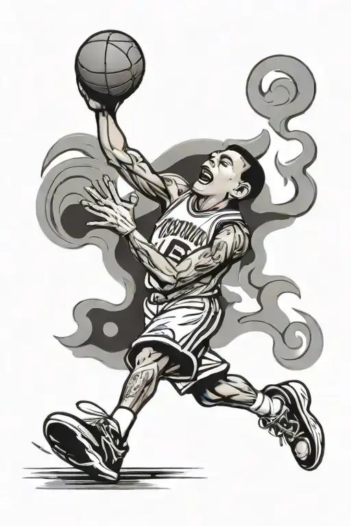 cartoon basketball player (number 6) shooting a floater to the basket, with only 0.3s on the gameclock behind the board tattoo design idea