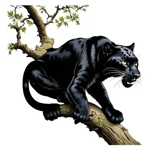 Panther climbing japanese tree with his nails tattoo design idea