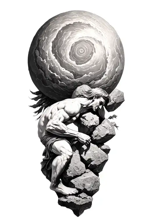 myth of sisyphus pushing a rock with fibonacci spiral  tattoo design idea