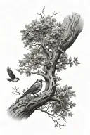 an arm sleeve of a realistic tree branch with birds on it going from shoulder to wrist tattoo design idea