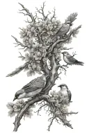 an arm sleeve of a realistic tree branch with birds on it going from shoulder to wrist tattoo design idea