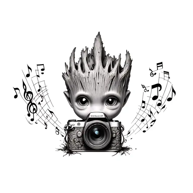 baby groot and camera surrounded my music notes tattoo design idea