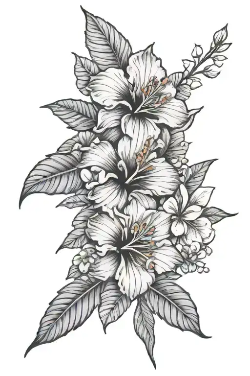 tahitian flowers, hibiscus, rhododendron flowers, azaleas, oleanders, cherry blossoms, lotus, plumerias, combined tattoo design idea