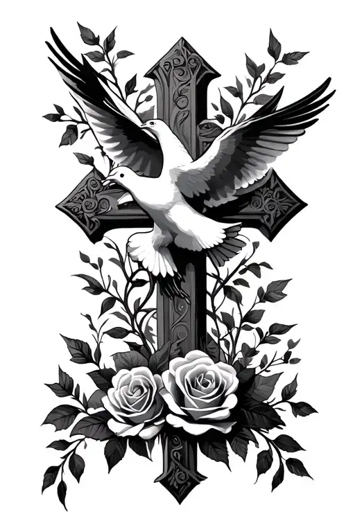 cross with vines clouds and roses intertwined, dove birds flying and flowers tattoo design idea