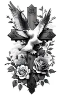 cross with vines clouds and roses intertwined, dove birds flying and flowers tattoo design idea