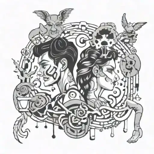 techno music, drugs used, rituals, connection, love, sex, pshychedelic, union, dancing tattoo design idea