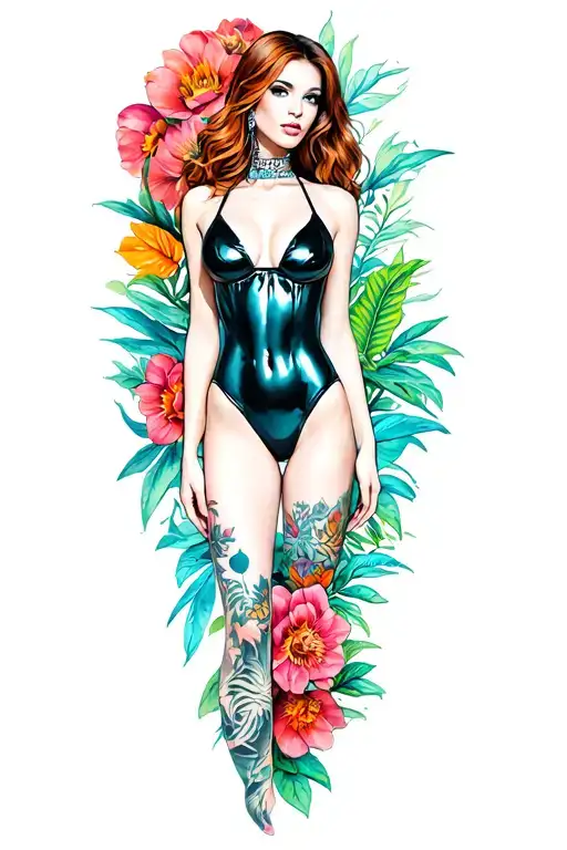 TATTOO DESIGN, vertical layout for calf. Sensual feminine woman in frontal pose wearing a tight latex micro-bikini in pi tattoo design idea