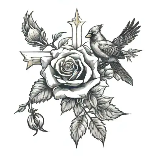 roses and cardinal an cross tattoo design idea