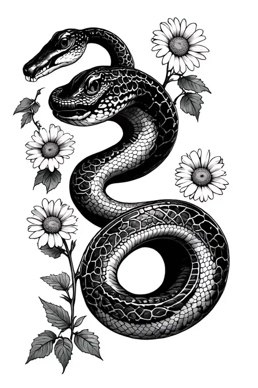 fineline snake outline with internal florals. head to halfway of body is poison ivy leaves, about halfway down daisies tattoo design idea