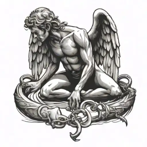 kneeling angel handcuffs tattoo design idea