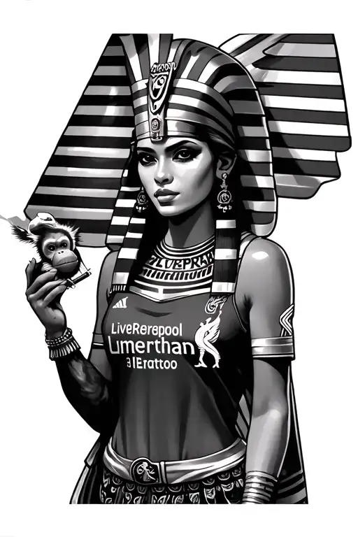 egyptian woman pharoah wearing liverpool jersey holding a joint. with a cute pet monkey tattoo design idea