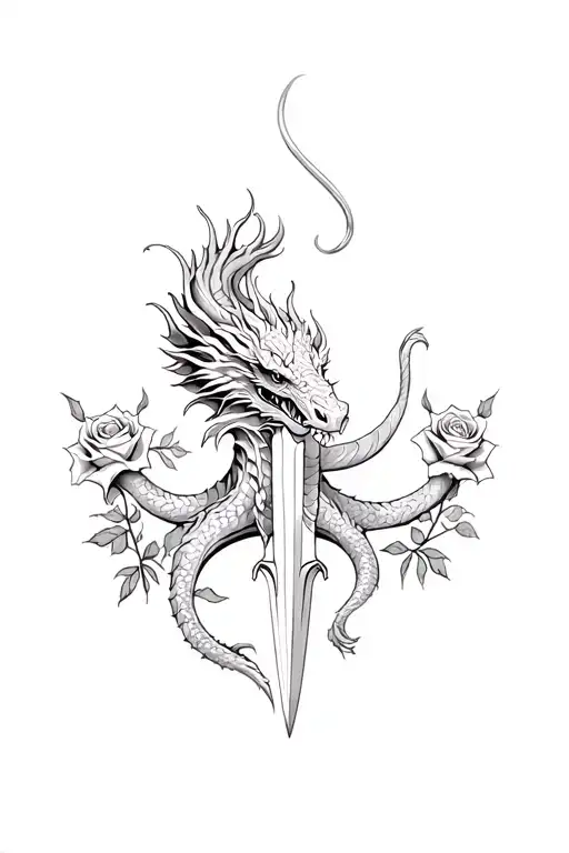 dragon and little dagger and roses  tattoo design idea