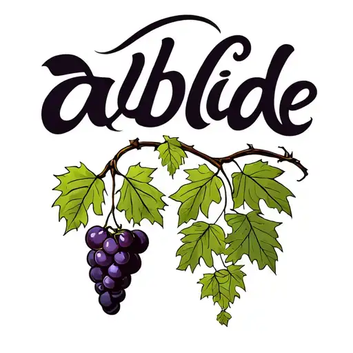A long vine with grapes at the end. part of the vine at the top is the word abide tattoo design idea