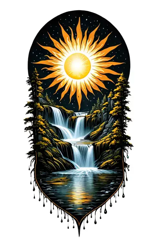 a sun flowing into a river that turns into a waterfall with small rain drops at the end of the waterfall tattoo design idea