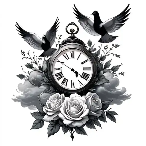 clock, doves, clouds and roses blooming tattoo design idea